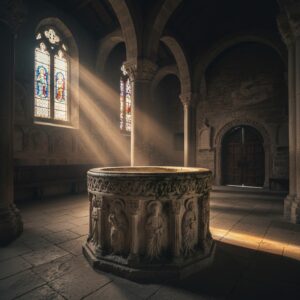 Un antico fonte battesimale in pietra scolpita illuminato da un raggio di luce che filtra attraverso le vetrate di una chiesa.