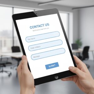 Un tablet tenuto tra le mani mostra un modulo di contatto con i campi per nome, email e messaggio.