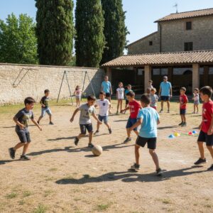 Un gruppo di bambini gioca a calcio in un campo sterrato all'aperto sotto la supervisione di alcuni adulti.