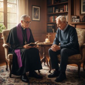 Un sacerdote legge un libro a un uomo anziano seduto di fronte a lui in uno studio accogliente.