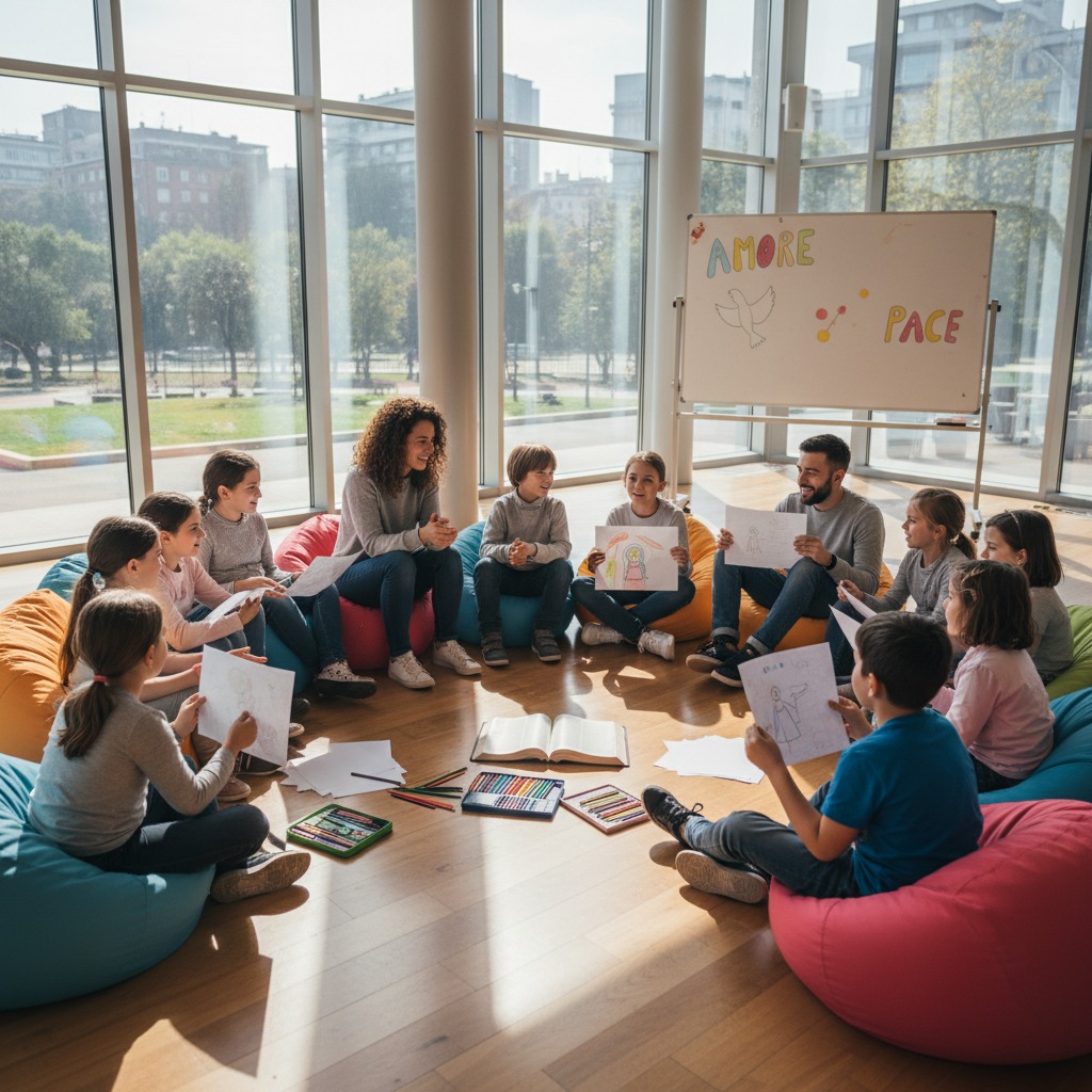 Un gruppo di bambini e due insegnanti siedono in cerchio su pouf colorati in una luminosa aula scolastica, mostrando i propri disegni.